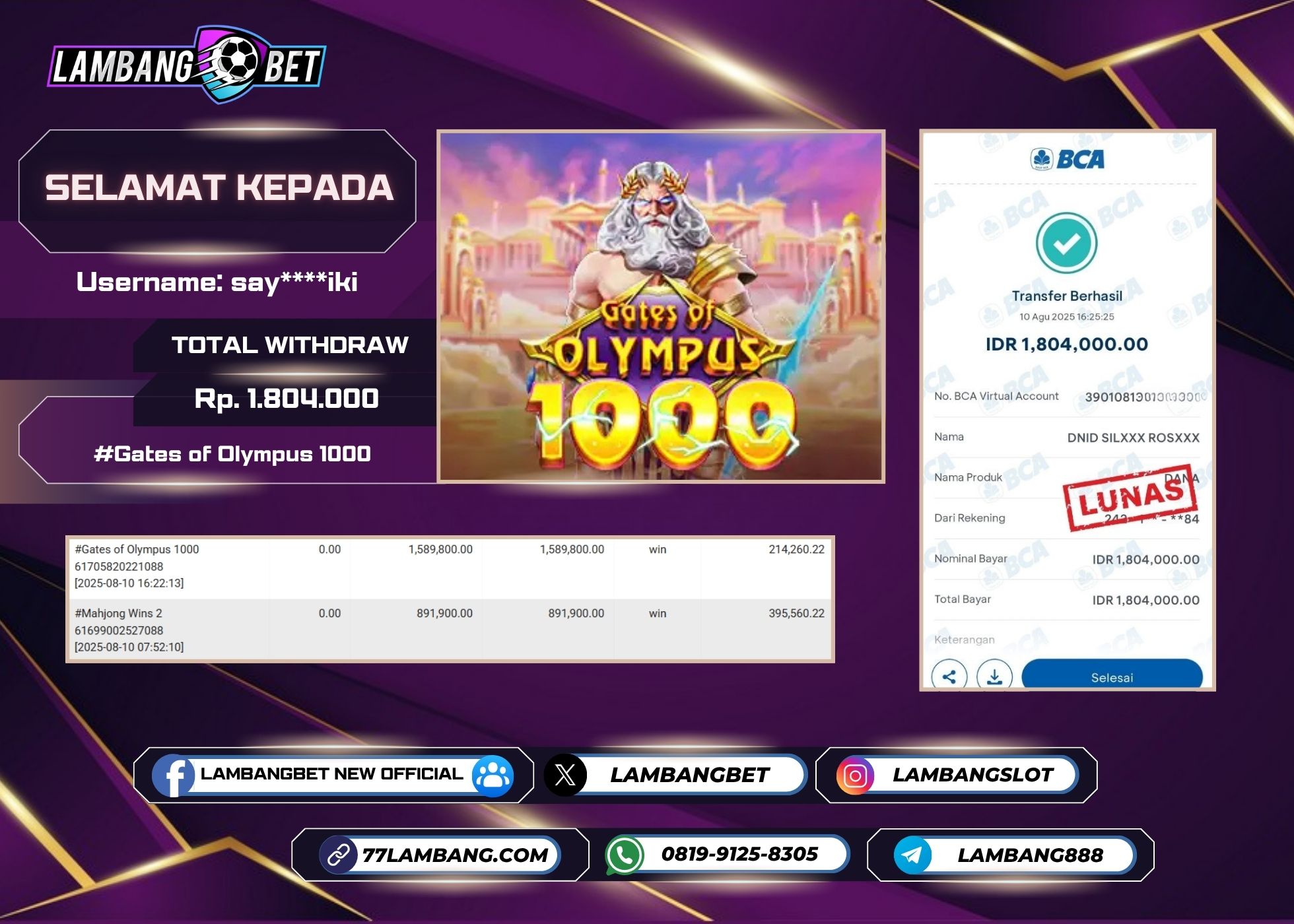 LAMBANGBET [10 AUGUST 2025] JACKPOT SLOT Gates of Olympus 1000 "Rp1.805.000" LUNAS